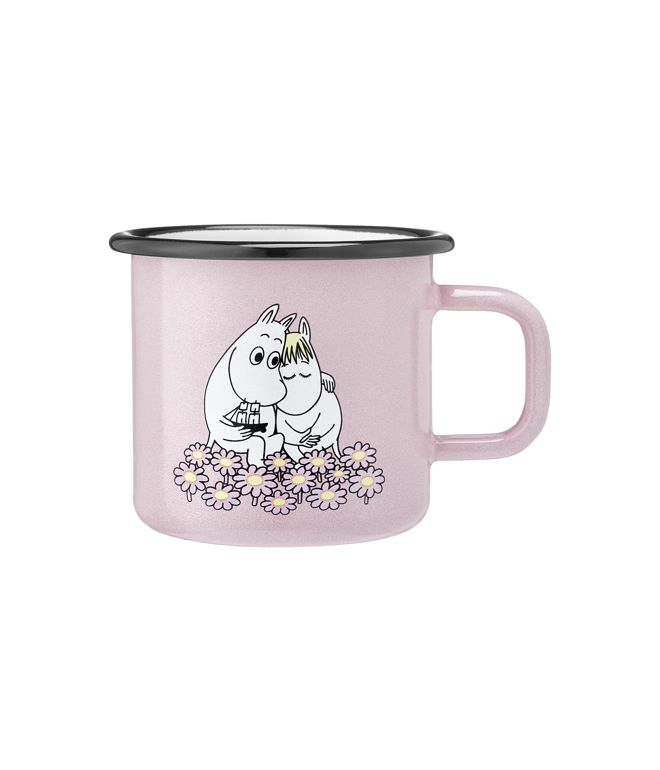 The Together - Moomin pink enamel mug 3.7dl features two Moomin characters sitting together on pink flowers, with a light pink finish and black rim—an adorable choice for curated gift shops or concept stores. Gate21.ee