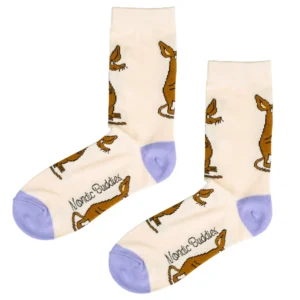 Cream-coloured Moomies Adult Socks K&Otilde;IK with purple toes and heels, featuring a repeating cartoon brown animal and "Neonic Buddies" near the toes&mdash;an ideal choice for a Tallinn shopping trip or unique present. Gate21.ee