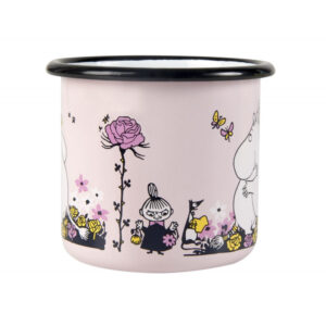 The Hug - Moomin Pink enamel mug 3.7dl features Moomin characters, flowers, and butterflies in black, white, yellow, and pink with a black rim—an ideal Tallinn shopping find or a unique concept shop gift. Gate21.ee