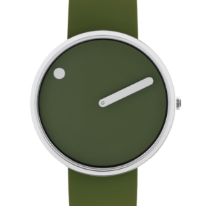 The Olive / Olive / 40mm is a minimalist wristwatch with an olive green face and strap, single white hand, small hour dot, and round metallic case—ideal for gift shop collections seeking stand-out pieces. Gate21.ee