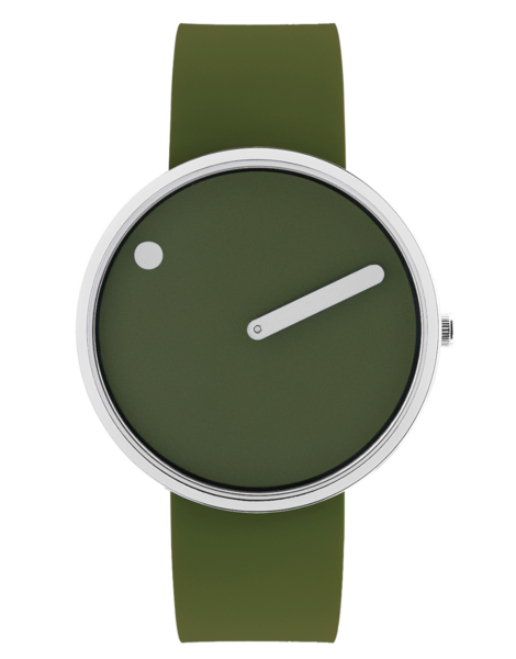 The Olive / Olive / 40mm is a minimalist wristwatch with an olive green face and strap, single white hand, small hour dot, and round metallic case—ideal for gift shop collections seeking stand-out pieces. Gate21.ee