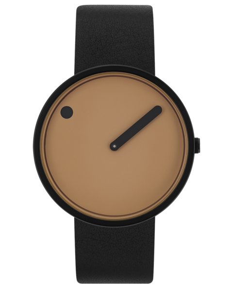 Discover the Cappuccino / Black / 40mm—a minimalist wristwatch with a round tan face, single black hand, discreet black dot, and a sleek black leather strap—an ideal find in Tallinn's shopping concept stores. Gate21.ee