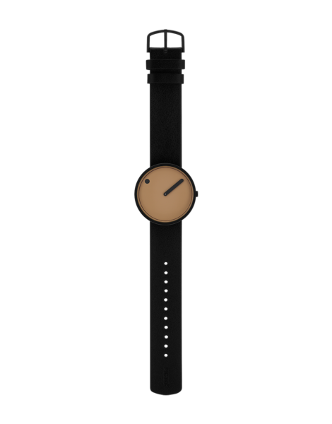 The Cappuccino / Black / 40mm is a minimalist wristwatch with a round tan face, no numerals, a single black hand, and a black leather strap with white holes—ideal for curated concept shops seeking unique design pieces. Gate21.ee