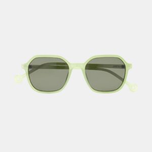 The "Valle" Light Lime Sunglasses feature translucent light green frames with small circular accents on the edges and dark rectangular lenses, displayed against a plain white background. Gate21.ee