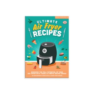 Air Fryer - 100 Recipe Cards offers a collection of illustrated recipes featuring chips, chicken drumsticks, prawns, and vegetables on a teal background. Includes 100 recipe cards and a handy ring binder for easy organisation. Gate21.ee