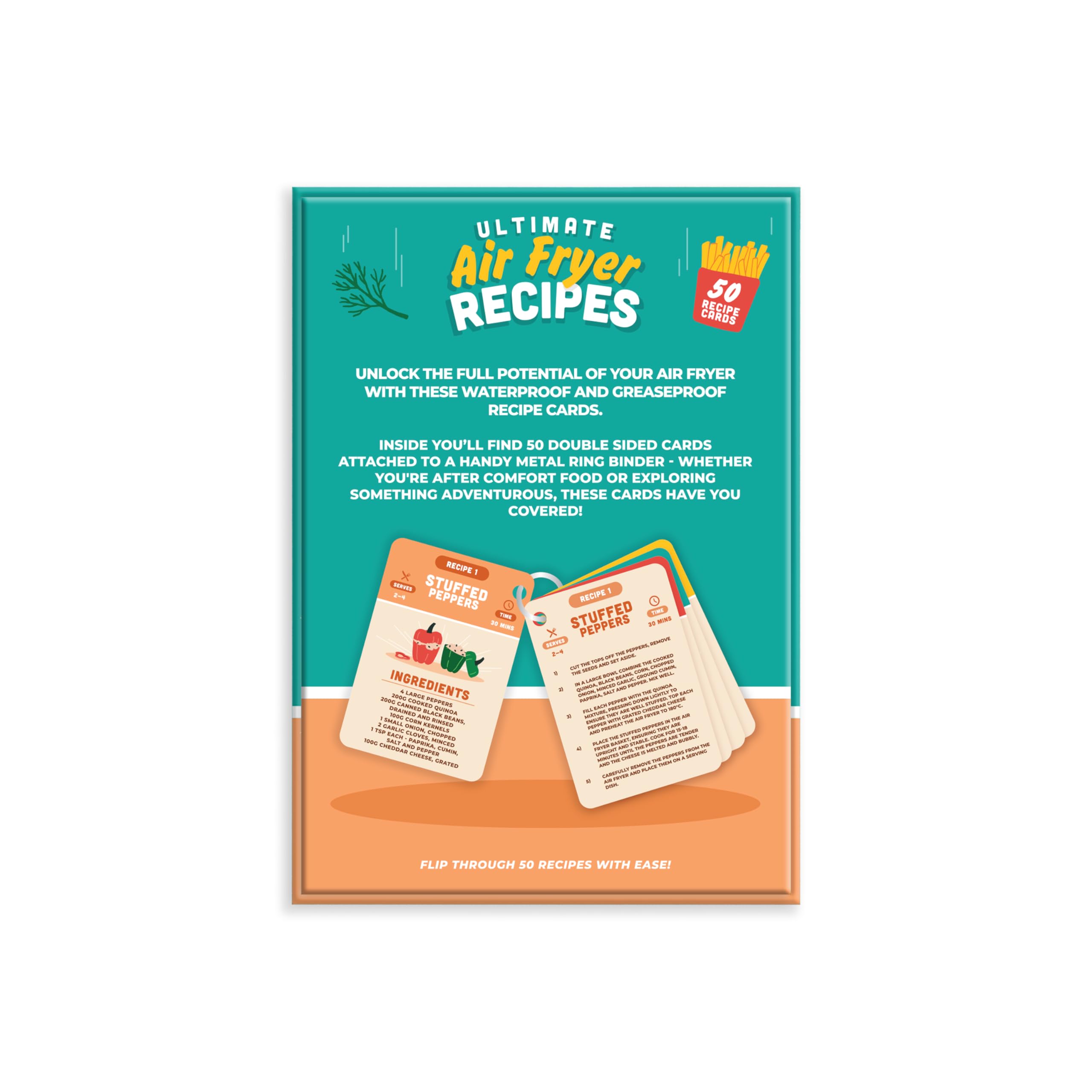 A promotional image for Air Fryer - 100 Recipe Cards displays a box with durable, easy-to-use recipe cards inside. The design is reminiscent of the Kama Sutra Bucket List set, with sample double-sided cards partially shown and 100 recipes featured. Gate21.ee
