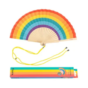 The "Rainbow" fan features vibrant segments, a natural wood handle, a yellow string, and comes with a matching box labelled “SUGAR”—perfect for Tallinn shopping or bringing concept store flair to your style. Gate21.ee