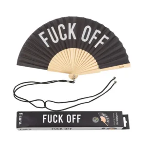 The "Fuck off!" - fan is a black folding hand fan with bold white lettering, paired with a matching box—an edgy piece of Estonian design that makes a perfect gift or unique Tallinn souvenir. Gate21.ee