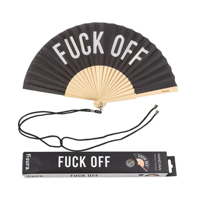 The "Fuck off!" - fan is a black folding hand fan with bold white lettering, paired with a matching box—an edgy piece of Estonian design that makes a perfect gift or unique Tallinn souvenir. Gate21.ee