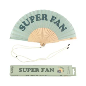 The "Super fan!" - fan is a light blue handheld folding fan with SUPER FAN in large letters, matching storage box, light wooden sticks, and a white cord—bringing Estonian-inspired design to everyday essentials. Gate21.ee