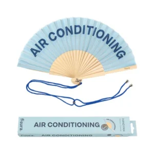 The "Air Conditioning!" - fan features blue fabric with AIR CONDITIONING printed on it, wooden ribs, a blue string, and comes in matching blue box packaging. Curated for a concept shop, it's perfect for your Tallinn shopping adventure. Gate21.ee