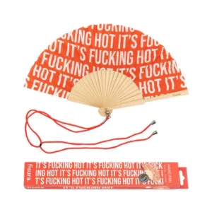 The "It’s bloody hot!" - multi fan features vibrant orange fabric with bold white text, a wooden frame, red cord, and a matching box—a striking Estonian design ideal for standout concept stores or unique gift shops. Gate21.ee