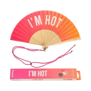 The "I'm hot!" - gradient fan features bold white text on a pink-to-orange foldable hand fan, designed in Estonia. Packaged in a matching box with a pink lanyard, it’s a standout Tallinn souvenir or fun gift shop find. Gate21.ee