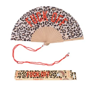 The "Fuck off!" - leopard fan is a handheld folding fan featuring a bold red slogan on leopard print. It comes with a red string and matching box—ideal for unique gifts or standout accessories from a concept shop collection. Gate21.ee