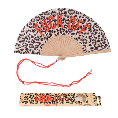 The "Fuck off!" - leopard fan is a handheld folding fan featuring a bold red slogan on leopard print. It comes with a red string and matching box—ideal for unique gifts or standout accessories from a concept shop collection. Gate21.ee