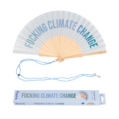 The "Climate Change!" fan is a curated handheld folding fan with BLOODY CLIMATE CHANGE in blue capitals, featuring a blue cord and matching packaging—ideal for Tallinn shopping or your favourite concept store. Gate21.ee