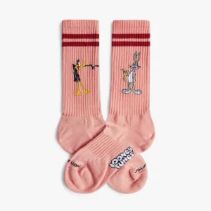 Duffy & Bugs Bunny - Athletic: Pink crew socks with red stripes, featuring embroidered cartoon duck and rabbit designs. "Looney Tunes" printed on the sole—a playful Estonian design perfect for unique gift ideas. Gate21.ee
