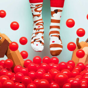 A pair of feet in colourful Sausage Dog socks with dachshund designs dangle above red plastic balls. Two geometric dog sculptures, inspired by Estonian design, add a playful touch—perfect for unique gift shop ideas. Gate21.ee