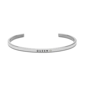 The Queen bracelet is a silver open cuff with QUEEN engraved in black capitals and a clear gemstone beside the text. Featuring sleek Estonian design, it’s perfect for gifting and stands out against a white background. Gate21.ee