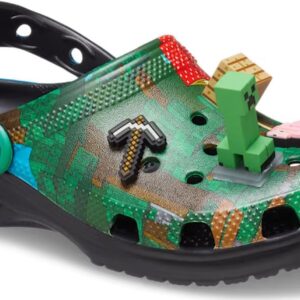 The Crocs™ MINECRAFT CLASSIC CLOG, Multi features curated Minecraft designs like a Creeper, pixelated axe, pink block, black sole, and blue heel strap with a blocky face—ideal for any unique concept shop. Gate21.ee