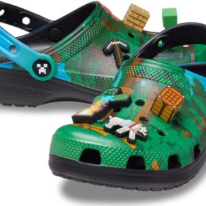 The Crocs™ MINECRAFT CLASSIC CLOG, Multi features green and black designs with Minecraft blocks, sword, toolbox, and game icons—making them a unique gift shop pick for gamers. Gate21.ee