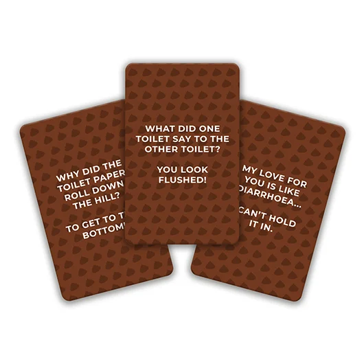 The Brain Training while you Poo - Cards feature three brown cards with heart patterns, each displaying a white toilet-themed joke about toilet paper, being flushed, and diarrhoea. The cards overlap on a clean white background. Gate21.ee