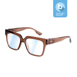 MAX - Blue Light - Hazel 0.0 rectangular brown spectacles with blue light blocking lenses shown on a white background. A blue icon in the top right reads "blue light blocker." Explore Estonian design in our gift shop collection. Gate21.ee
