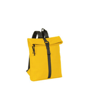 The Los Angeles Backpack - Yellow features a roll-top fastening, a central black strap, and black shoulder straps. It stands upright against a white background&mdash;ideal for those seeking curated, unique pieces from any concept shop. Gate21.ee