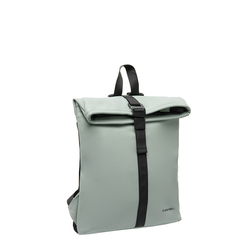 The Los Angeles Backpack - Salie Green features a modern roll-top design with black strap and buckle, top handle, adjustable straps, a small front logo, and signature Estonian style—a standout piece for those seeking unique fashion. Gate21.ee