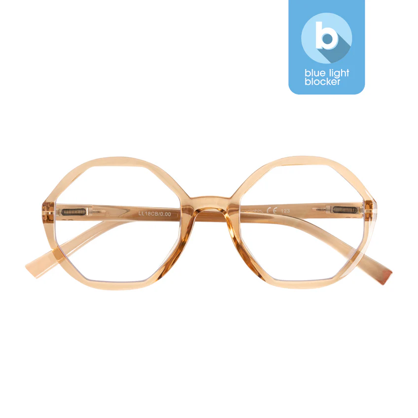 The LOLITA – Blue Light – Crystal Champagne 0.0 features round, light brown frames with clear lenses and blue light blocking tech—ideal for a curated gift shop. A blue icon in the top right highlights its protective feature. Gate21.ee
