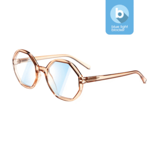 The LOLITA - Blue Light - Crystal Champagne 0.0 glasses feature octagonal frames in transparent light brown with blue-tinted lenses, ideal for shopping in Tallinn or gifting. Displayed on white, plus a blue light blocker icon at the top right-hand corner. Gate21.ee