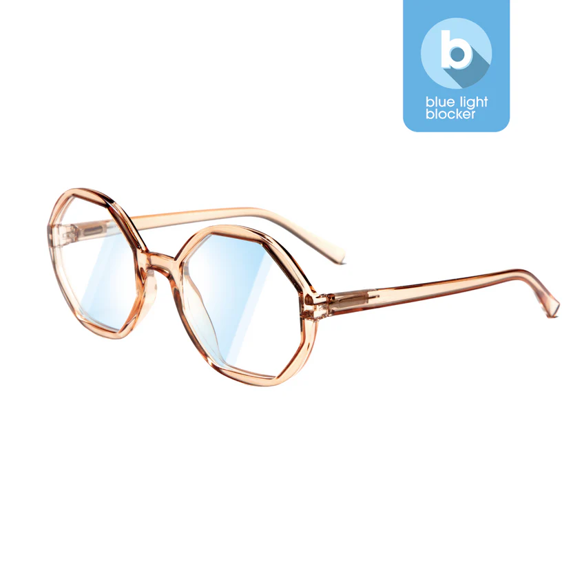 The LOLITA - Blue Light - Crystal Champagne 0.0 glasses feature octagonal frames in transparent light brown with blue-tinted lenses, ideal for shopping in Tallinn or gifting. Displayed on white, plus a blue light blocker icon at the top right-hand corner. Gate21.ee