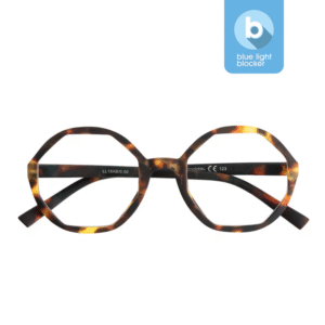 LOLITA - Blue Light - Turtle 0.0 spectacle frames feature a tortoiseshell octagonal design and blue light blocking technology, ideal for discovery at a Tallinn shopping concept store. A blue icon highlights the blue light blocker feature. Gate21.ee