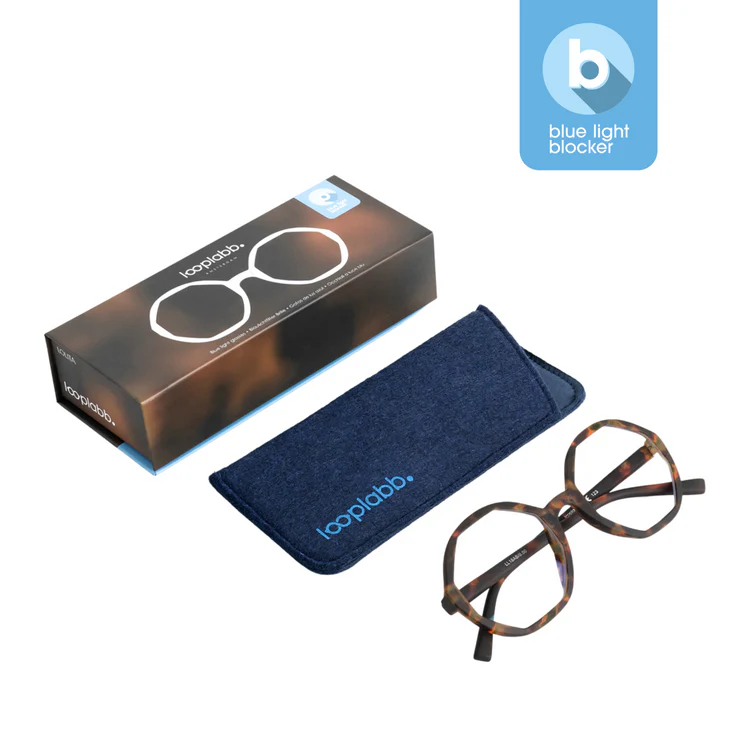 The LOLITA - Blue Light - Turtle 0.0 spectacles are shown with a tortoiseshell-pattern frame, blue fabric case with "looplabb." logo, and branded box—ideal for shopping in Tallinn. A blue icon denotes blue light blocking lenses. Gate21.ee