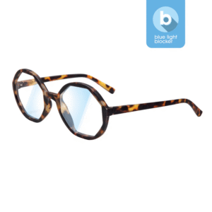 The LOLITA - Blue Light - Turtle 0.0 spectacles, featuring round tortoiseshell frames and blue light blocking lenses, are displayed on a white background with a blue light blocker icon, showcasing curated Estonian design. Gate21.ee