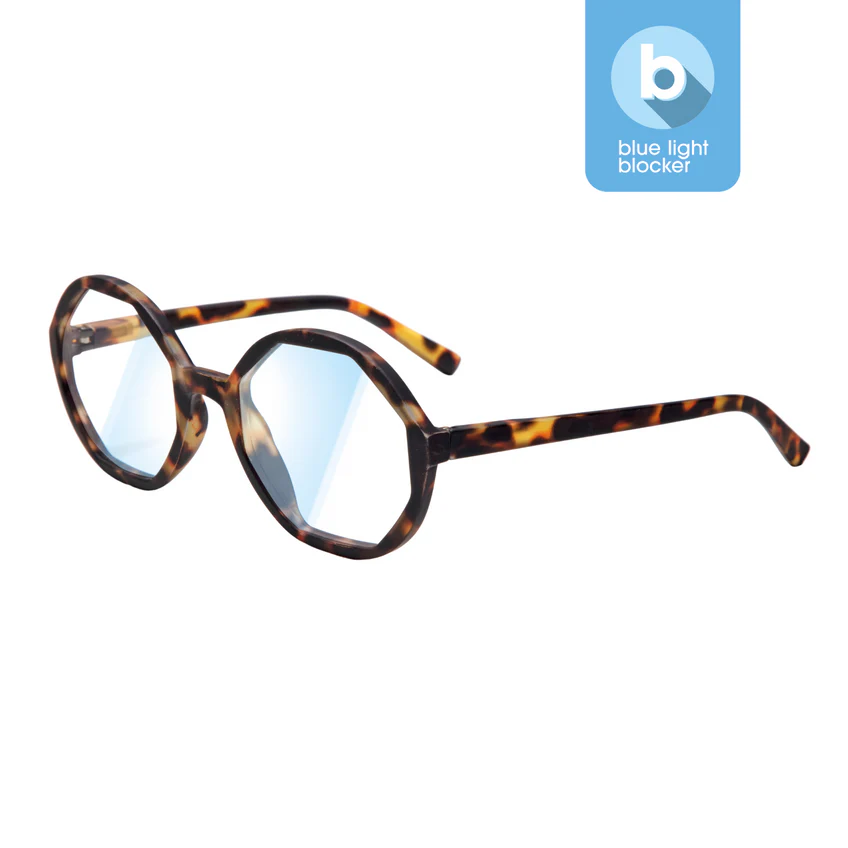The LOLITA - Blue Light - Turtle 0.0 spectacles, featuring round tortoiseshell frames and blue light blocking lenses, are displayed on a white background with a blue light blocker icon, showcasing curated Estonian design. Gate21.ee