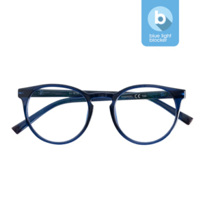 The PAPILLON - Blue Light - Marine Blue 0.0 spectacles feature round frames and transparent lenses, with a blue label highlighting their blue light blocker—perfect as an Estonian design gift or a unique Tallinn shopping find. Gate21.ee