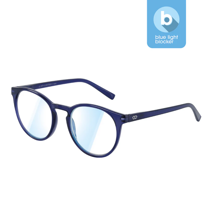 PAPILLON - Blue Light - Marine Blue 0.0: round eyeglasses with marine blue frames and blue light blocking lenses, featuring distinctive Estonian design. A blue light blocker icon is shown in the image’s top right corner. Gate21.ee