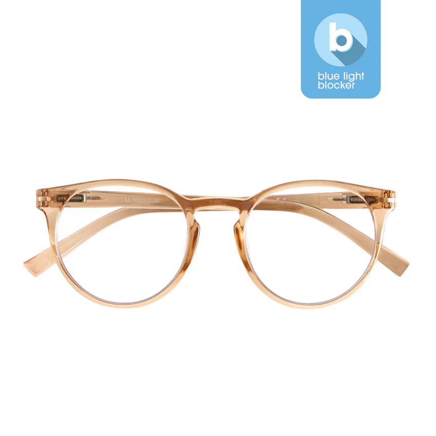 The PAPILLON - Blue Light - Crystal Champagne 0.0 spectacles feature clear round lenses with light brown frames, shown from the front, and are inspired by Estonian design. A top right blue icon marks their blue light blocking technology. Gate21.ee