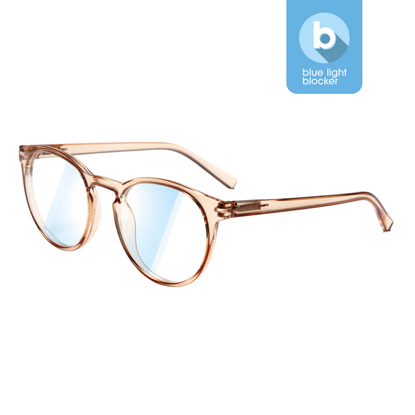 PAPILLON - Blue Light - Crystal Champagne 0.0 are round, translucent light brown spectacles with blue-tinted lenses. Estonian-designed for blue light blocking, they feature a small blue "b" icon with "blue light blocker" in the corner. Gate21.ee