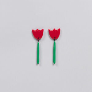 ABE jewellery - Flowers: A unique pair of red tulip-shaped earrings with green stems, displayed on a light grey background&mdash;an ideal accessory to complement your Tallinn shopping finds. Gate21.ee