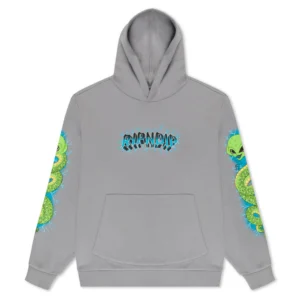 Charcoal Skull and Bones hoodie with front pocket. Features "RIPNDIP" in blue block letters on the chest and bold green dragon graphics down both sleeves—perfect for Tallinn shopping or concept store enthusiasts. Gate21.ee