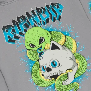 A curated graphic design on the Skull and Bones hoodie – Charcoal shows a green snake with an alien-like head coiled around a white cat skull with blue eyes, surrounded by blue electric sparks and bold RIPNDIP text—ideal for a concept store display. Gate21.ee