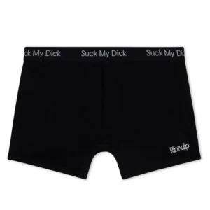 The Suck It Boxers - Black feature “Suck My Dick” on the waistband and RIPNDIP embroidered in white on the lower right leg—a bold, edgy choice for any concept shop or daring gift shop. Gate21.ee