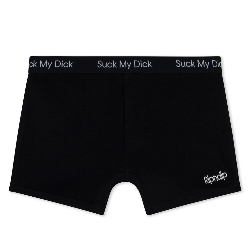 The Suck It Boxers - Black feature “Suck My Dick” on the waistband and RIPNDIP embroidered in white on the lower right leg—a bold, edgy choice for any concept shop or daring gift shop. Gate21.ee