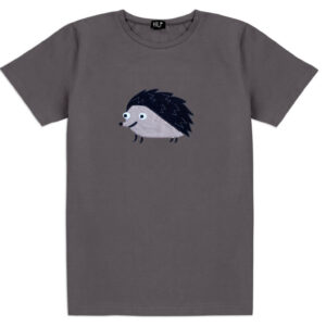 The Siil - T-shirt Grey features a cartoon hedgehog with a dark blue spiky back, white face, and small legs printed in the centre—an ideal Tallinn shopping gift shop find for those seeking unique ideas. Gate21.ee