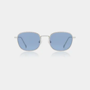 The HELLO - Silver sunglasses feature thin silver metal frames and rectangular blue-tinted lenses, showcasing Estonian design against a plain white background. Gate21.ee