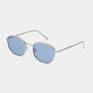 HELLO - Silver sunglasses featuring thin silver metal frames and light blue rectangular lenses, curated for a concept shop and displayed on a plain white background. Gate21.ee