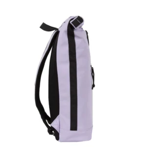 A side view of the New York Rolltop Rucksack - Lila, featuring light purple colour with black straps, a black vertical stripe, visible zip, and side pocket. Inspired by Estonian design and shown against a white background. Gate21.ee