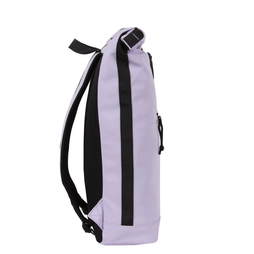 A side view of the New York Rolltop Rucksack - Lila, featuring light purple colour with black straps, a black vertical stripe, visible zip, and side pocket. Inspired by Estonian design and shown against a white background. Gate21.ee